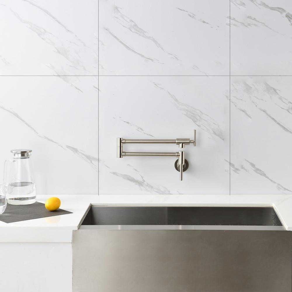 Brushed Nickel Wall-Mounted Pot Filler Faucet with Dual Handles