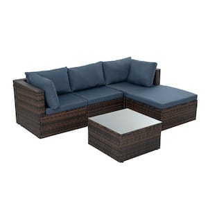 Brown 5-Piece Wicker Outdoor Patio Conversation Set With Tempered Glass Coffee Table and Navy Blue Cushions