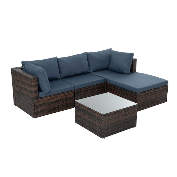 Sudzendf Brown 5-Piece Wicker Outdoor Patio Conversation Set With Tempered Glass Coffee Table and Navy Blue Cushions