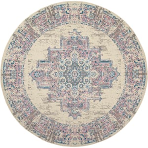 Grafix Ivory/Pink 8 ft. x 8 ft. Persian Medallion Transitional Round Rug