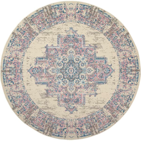 Nourison Grafix Ivory/Pink 8 ft. x 8 ft. Persian Medallion Transitional Round Rug