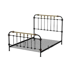 Black and Gold Metal Frame Queen Platform Bed with 7-Spindles on Headboard and Footboard