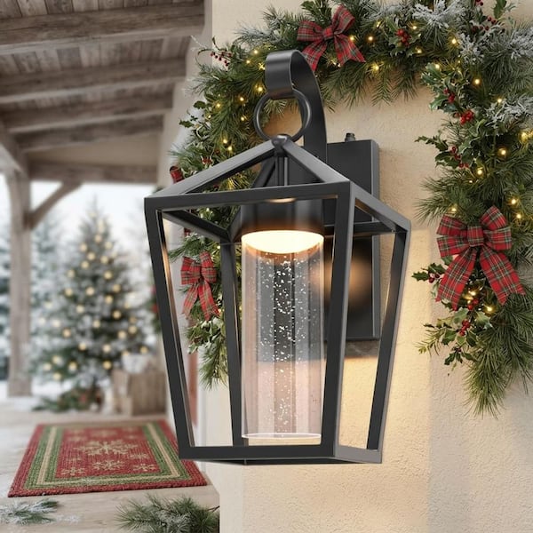 15 in. H Black Metal Anti-Rust Waterproof LED Outdoor Porch Lights Wall Art with Dusk to Dawn for Front Porch, Garage
