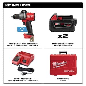 M18 FUEL ONE-KEY 18V Lithium-Ion Brushless Cordless 1/2 in. Hammer Drill/Driver Kit with Two 5.0 Ah Batteries