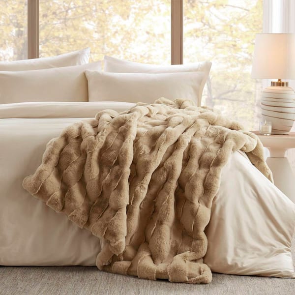 Camille Tan Polyester Faux Fur Throw Blanket