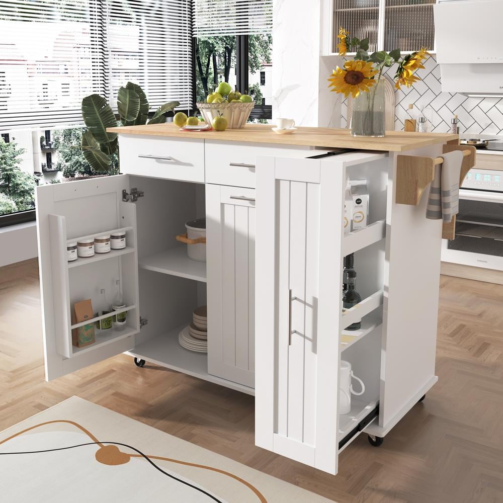 46 in. White Kitchen Cart Island with Drop Leaf, Pull-Out Cabinet Organizer