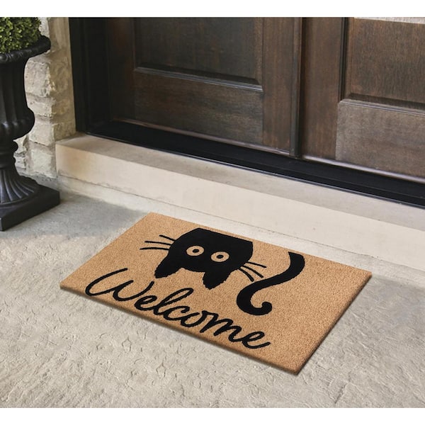 A1HC Cat Welcome 24 in. x 36 in. Natural Coir Heavy Duty Non Slip PVC Backing Outdoor Welcome Mat