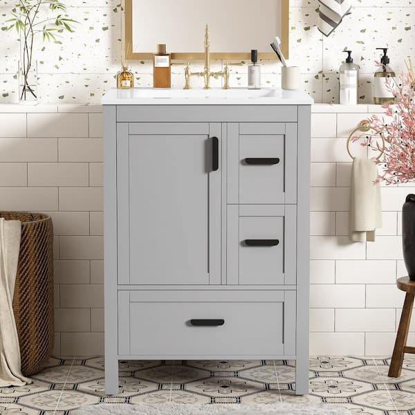 24 in. Single Sink Freestanding Gray Bath Vanity with White Ceramic Top, Divider Drawer, Door Racks