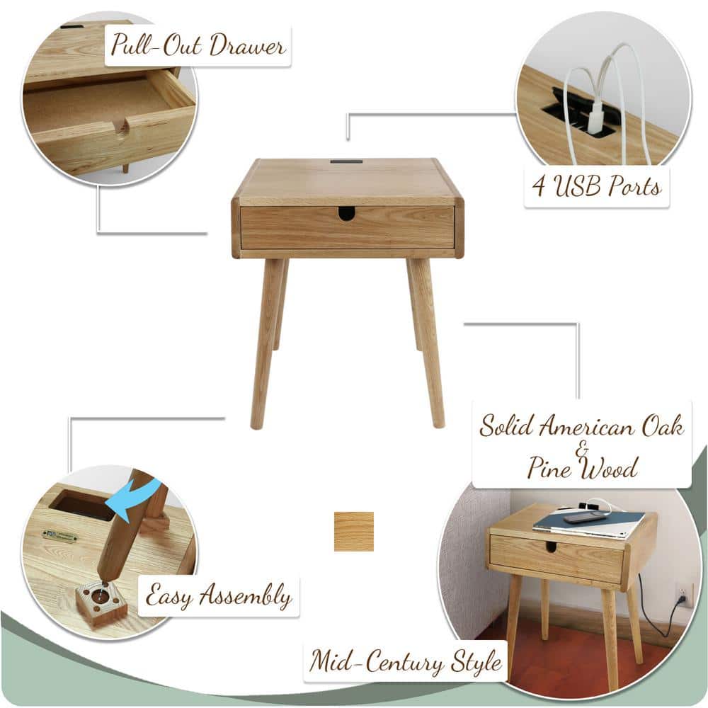 Natural Oak Nightstand with USB Ports and Drawer