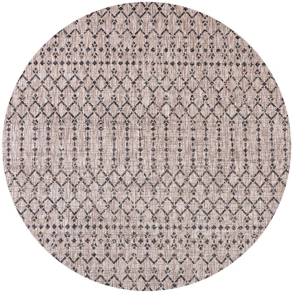 Ourika Moroccan Geometric Textured Weave Natural/Black 5 ft. Round Indoor/Outdoor Area Rug