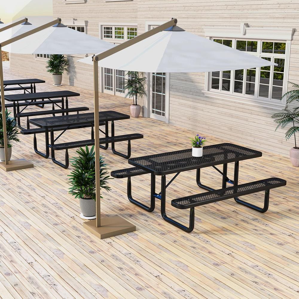 96" Black Steel Weather Resistant Outdoor Picnic Table