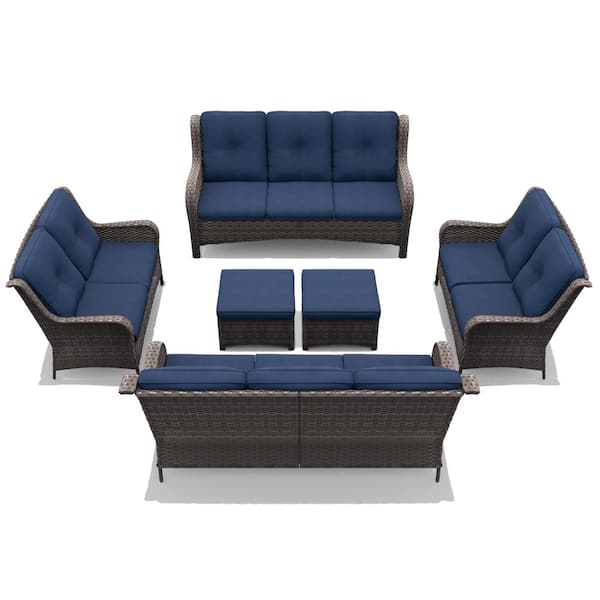 Patio Furniture Set 6 Pieces Outdoor Wicker Sectional Sofa with Blue Cushions