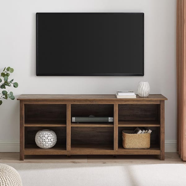 Walker Edison Furniture Company 58 in. Rustic Oak Wood Mission Open Storage Media Console with Cable Management Fits TV's up to 65 in.