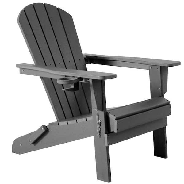 JUSKYS Gray Folding Composite Outdoor Patio Adirondack Chair with Cup Holder for Garden/Backyard/Fire pit/Pool/Beach