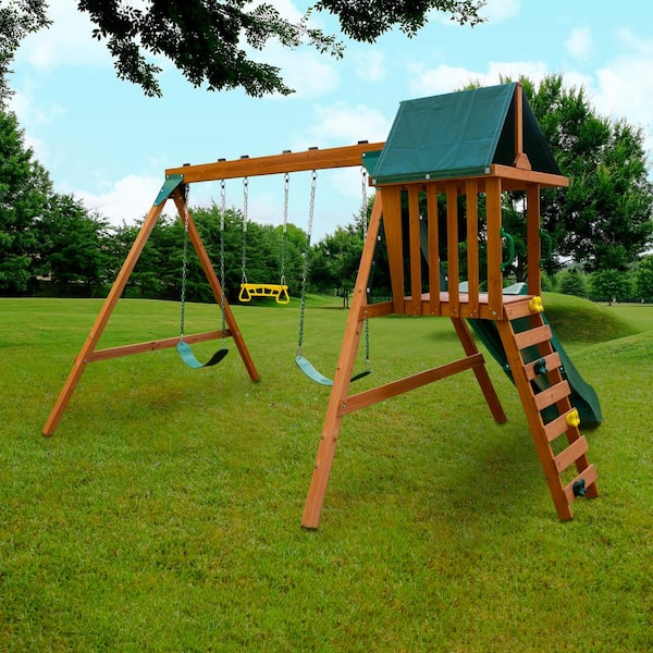 Swing-N-Slide Playsets PB 8375 Ranger Plus Wooden Outdoor Playset with Swings, Trapeze Bar, Wave Slide and Backyard Swing Set Safety Handles - 3