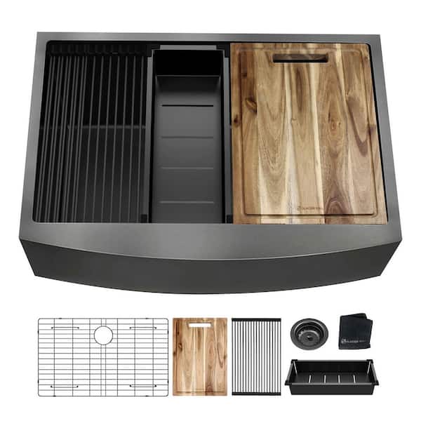 33 in. Farmhouse/Apron-Front Single Bowl 18 Gauge Gunmetal Black Stainless Steel Workstation Kitchen Sink