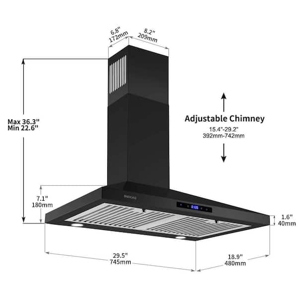 30 Inch Island Range Hood, thermomate 350 CFM Black Stainless Steel Stove  Vent Hood with 4 LED Lights, 3 Speed Exhaust Fan with Touch Control