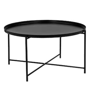 Ely 33 in. Black Round Metal Coffee Table with Round Tray Top and Cross Base