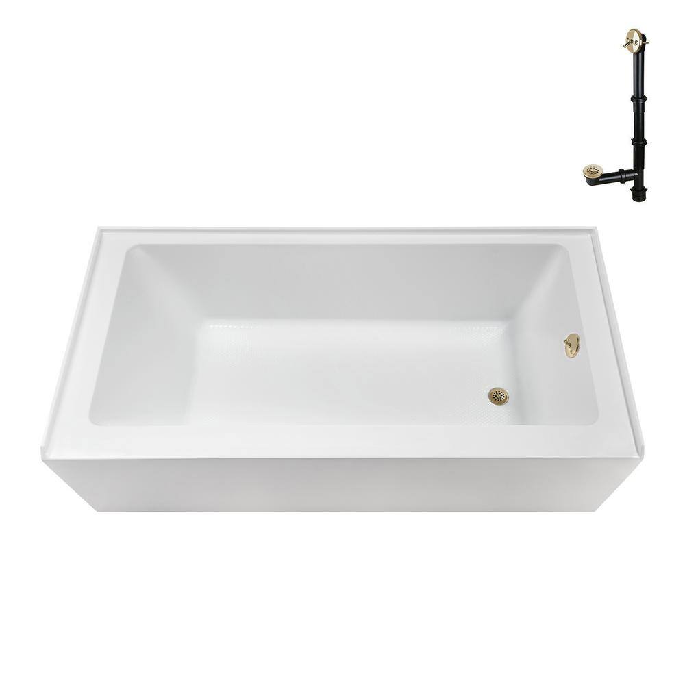 60-Inch Glossy White Acrylic Alcove Bathtub with Polished Brass Drain