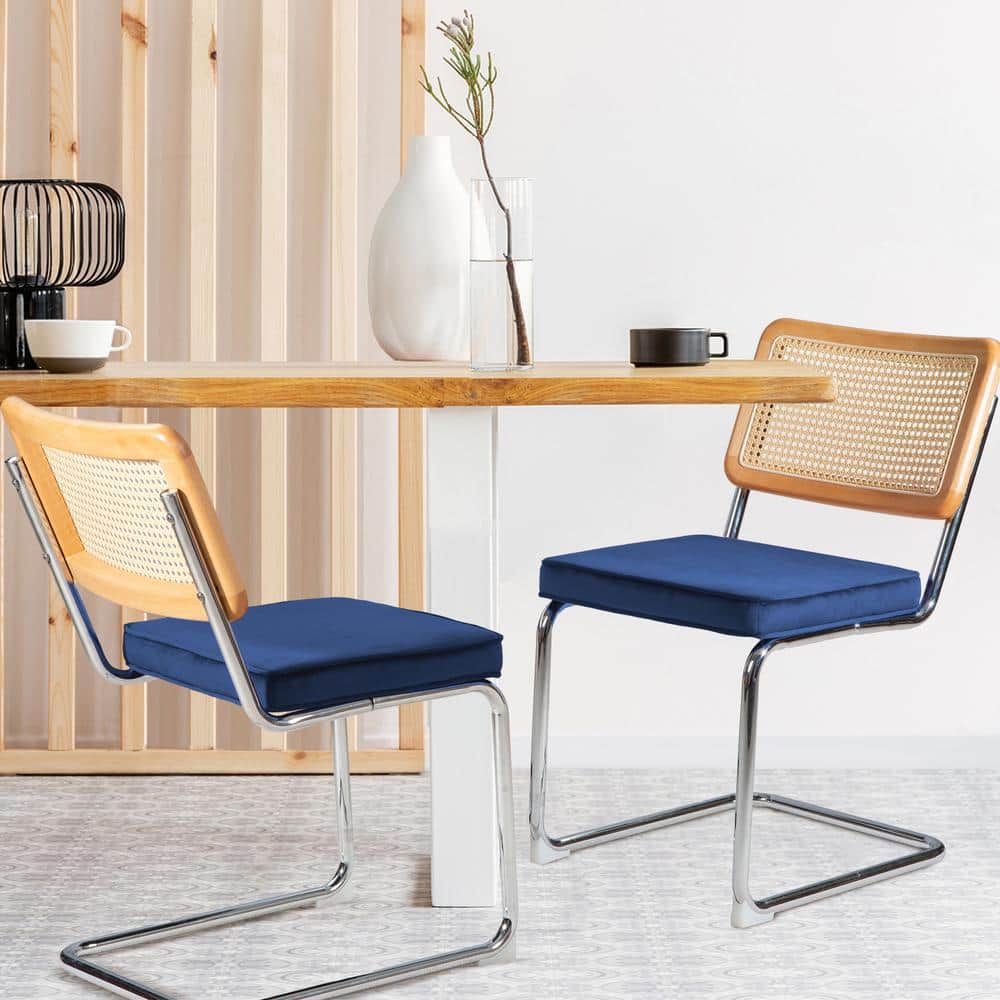 Outdoor Metal Upholstered Side Chair, Patio Modern Dining Chair with Rattan Backrest and Dark Blue Cushion, (Set of 2)