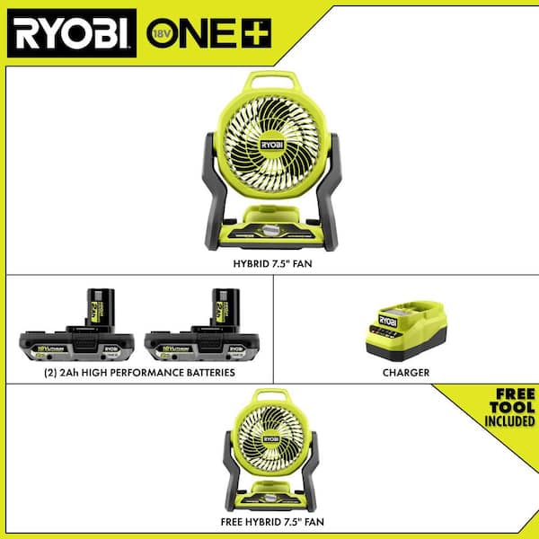 ONE+ 18V Cordless Hybrid 7.5 in. Fan Kit w/ (2) 2Ah Batteries, Charger, w/ FREE ONE+ 18V Cordless Hybrid 7-1/2 in. Fan