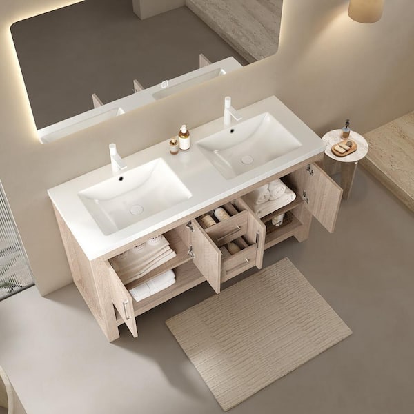 60 in. Double Sink Freestanding Light Oak Bath Vanity with White Acrylic Top