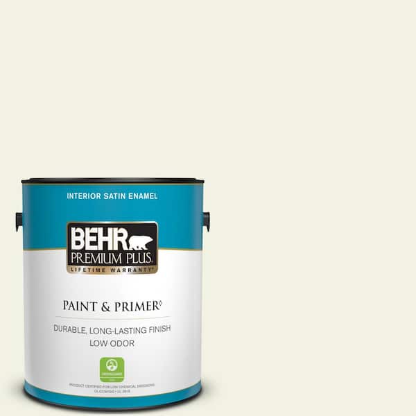 BEHR PREMIUM PLUS 1 gal. #W-F-710 Hushed White Satin Enamel Low Odor Interior Paint & Primer