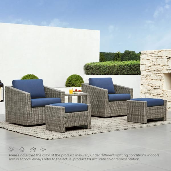 Spruce & Spring Cyril 5 Pieces Grey Fabric Accent Chair Set with 2 Pieces Rattan Swivel Chairs,2 Pieces Ottomans,Side Table