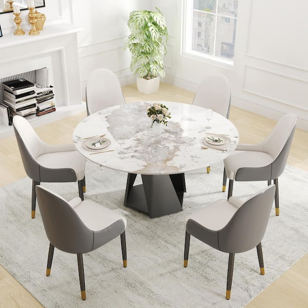 Magic Home 59 in. Pandora Round Sintered Stone Tabletop with Black Pedestal Base Kitchen Dining Table (Seats-8)