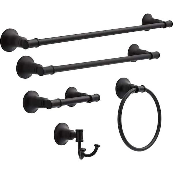 Chamberlain Matte Black Bath Hardware Set: 24 in. Bar, Holder, Ring, Hook with 18 in. Wall Mount Towel Bar