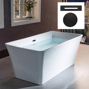 Ramo 59 in. Acrylic Freestanding Flat Bottom Double Ended Tub with Matte Black Drain and Overflow Included in White