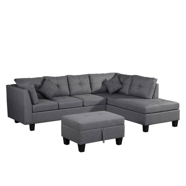 Boyel Living 3-Piece Gray Linen 6-Seater L-Shaped Right-Facing Chaise Sectional Sofa with Ottoman