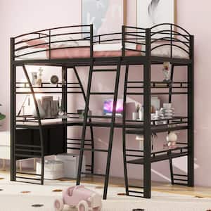 Black Twin Size Metal Loft Bed with 4-Tier Shelves, Wood L-Shaped Desk, a Set of Sockets, USB Ports, Wireless Charging