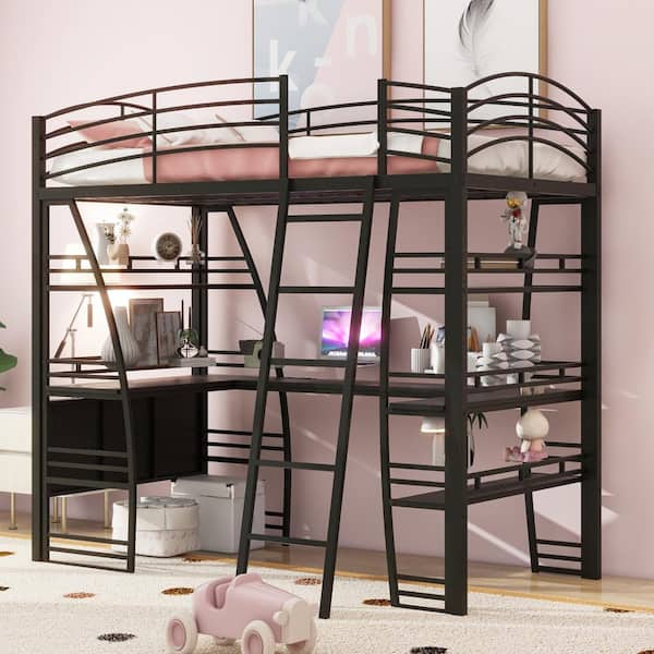Harper & Bright Designs Black Twin Size Metal Loft Bed with 4-Tier Shelves, Wood L-Shaped Desk, a Set of Sockets, USB Ports, Wireless Charging
