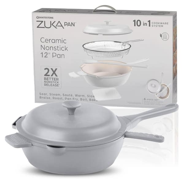 Zuka Everyday Pan 4.25 qt. Ceramic 10 in 1 Nonstick Multi-Functional Saute Pan with Lid, Nylon Spoon, & Steamer Basket