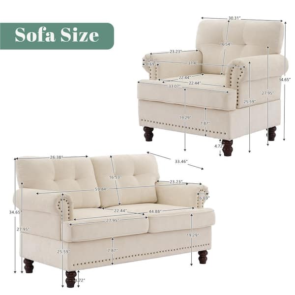 Modern 2-Piece Beige Polyester Nailhead Trim Flared Arm Tufted Back Sofa Set Chair and Loveseat Sofa Living Room Set
