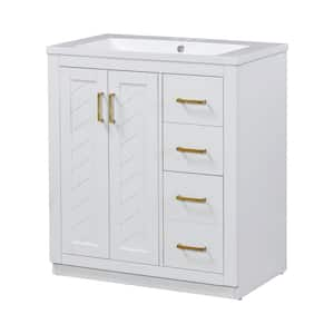 30 in. W x 18 in. D x 34 in. H Single Sink Bath Vanity in White with White Resin Top, 3 Drawers and 2 Doors