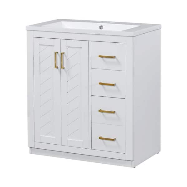 Zeus & Ruta 30 in. W x 18 in. D x 34 in. H Single Sink Bath Vanity in White with White Resin Top, 3 Drawers and 2 Doors