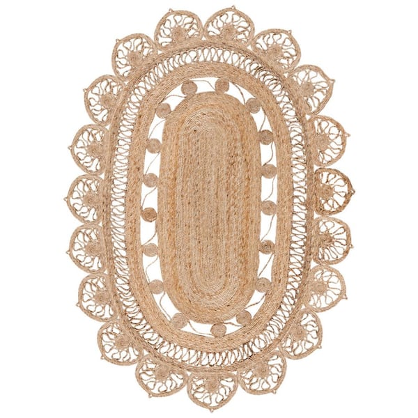 Natural Fiber Beige 8 ft. x 10 ft. Floral Woven Oval Area Rug