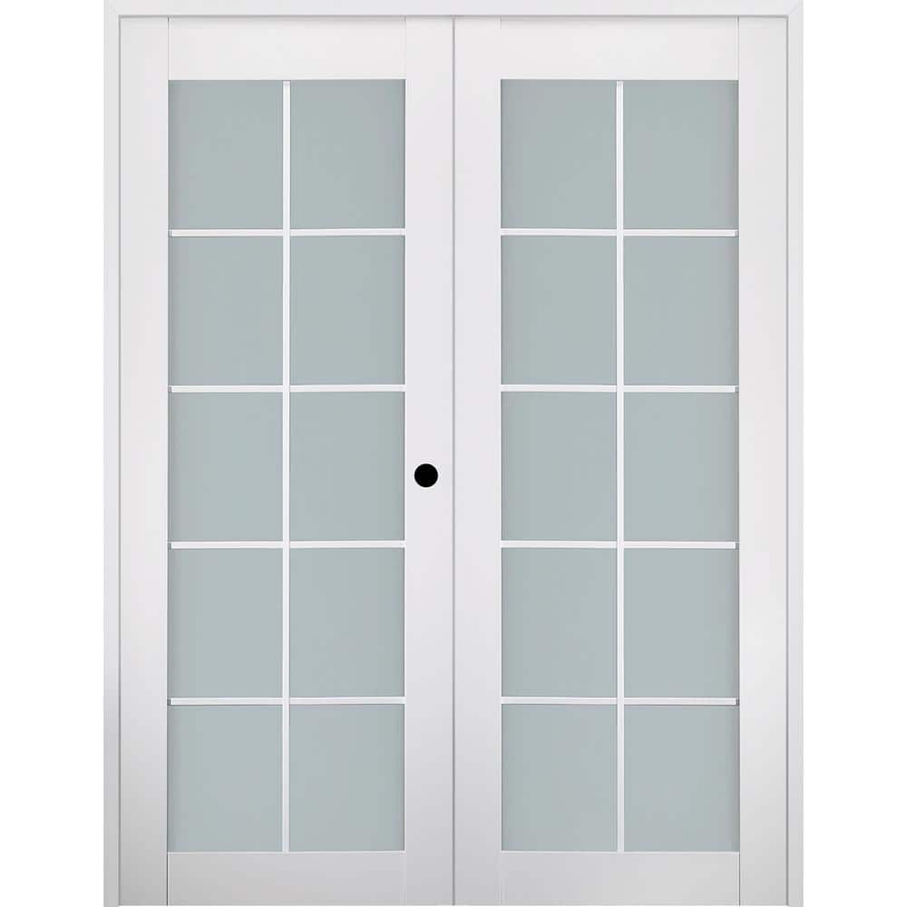 Polar White 10 Lite Frosted Glass French Door with Satin Nickel Hinges