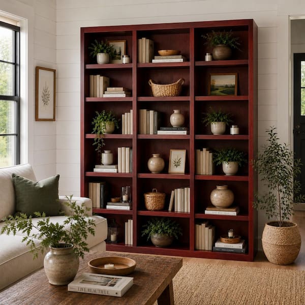84 in. Cherry Wood 18-shelf Standard Bookcase with Adjustable Shelves