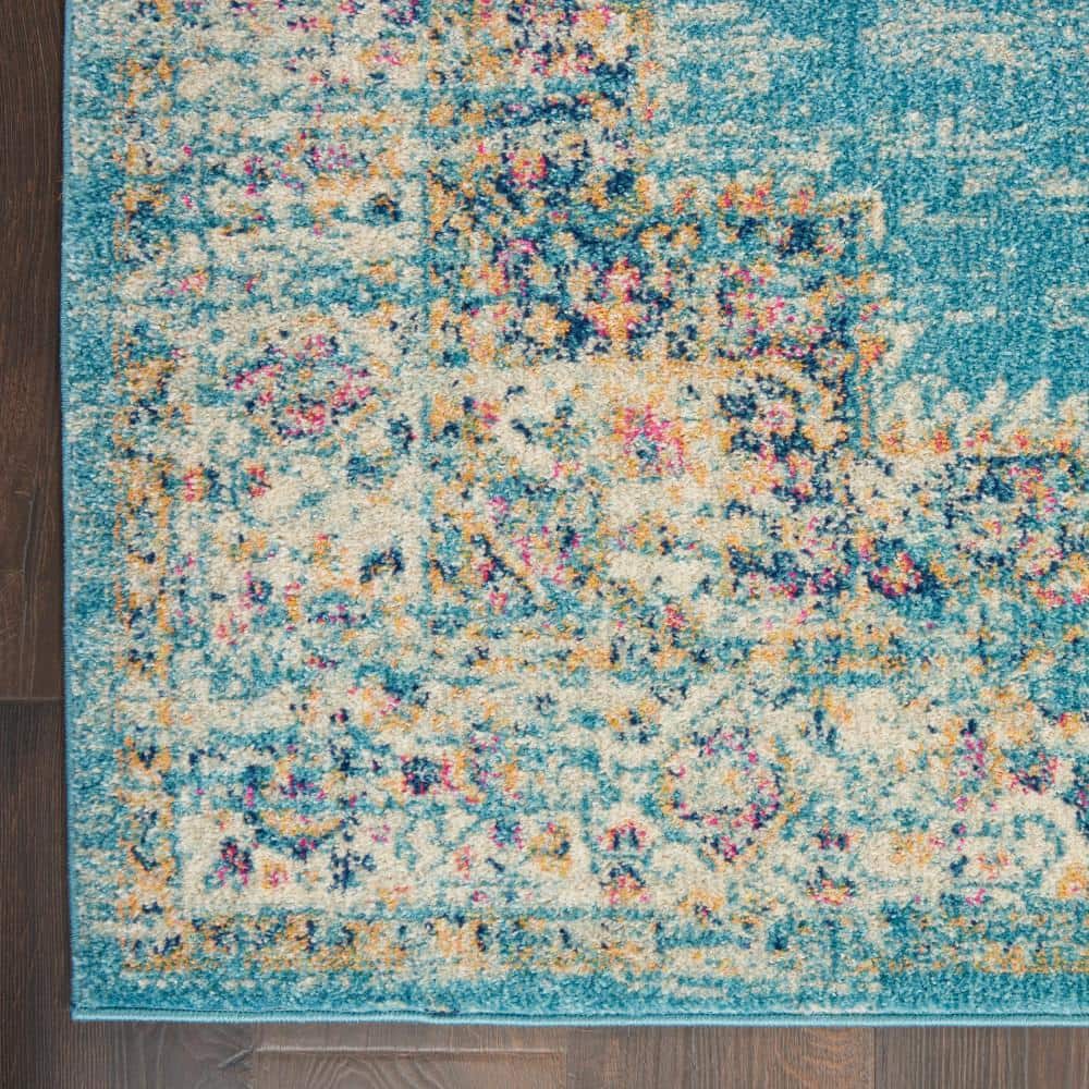 Light Blue Floral Synthetic Runner Rug with Latex Backing