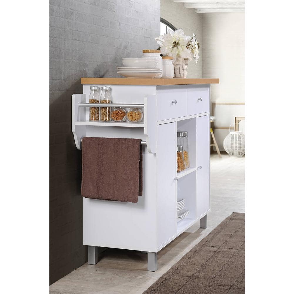 Elegant White Compressed Wood Kitchen Island with Spice and Towel Rack