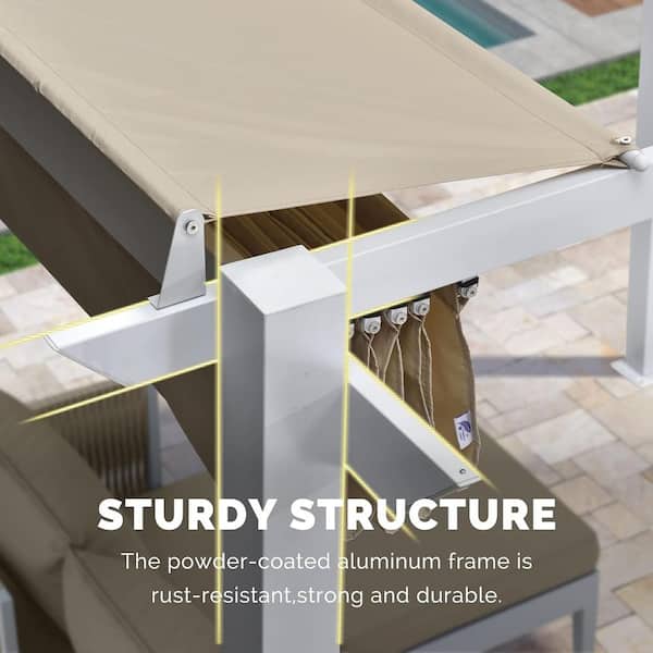 10 ft. x 10 ft. White Aluminum Frame Pergola with Beige Retractable Sun Shade Canopy Extra Roof and String Lights