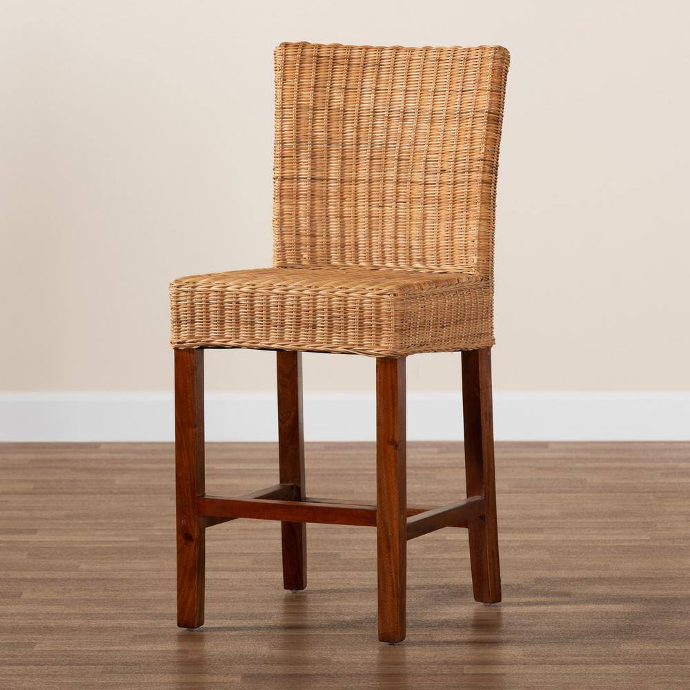 Racquel Mahogany Wood and Rattan Counter Stool in Walnut Brown