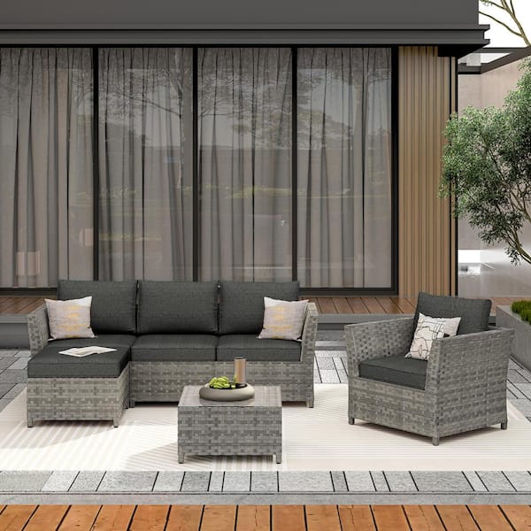 XIZZI Bella Gray 6-Piece Wicker Outdoor Sectional Set with Black Cushions