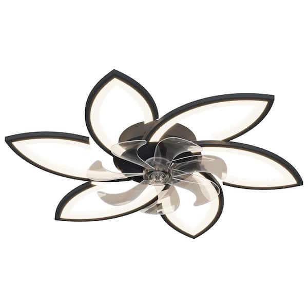 PUDO 31 in. Black Flower Type Integrated LED Indoor Ceiling Fan Lighting Fulsh Mount with Timer Function