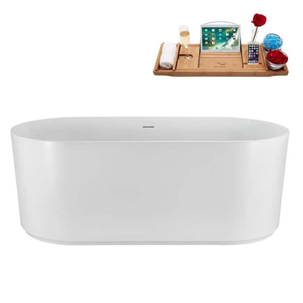 Streamline 67 in. x 31 in. Acrylic Freestanding Soaking Bathtub in Glossy White with Polished Gold Drain, Bamboo Tray