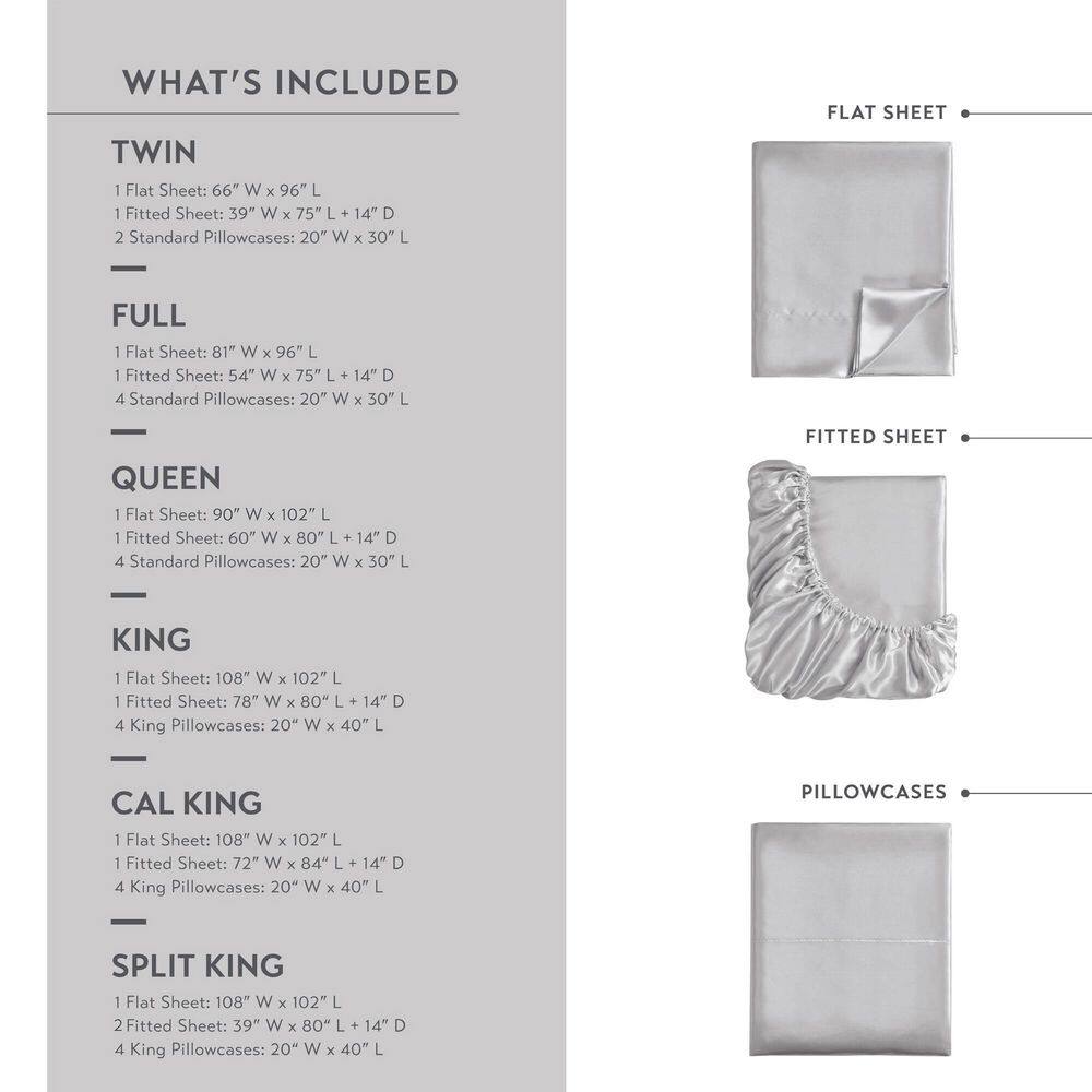 Light Grey Satin California King Sheet Set with Pillow Covers