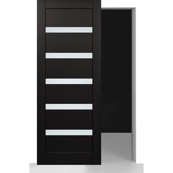 Belldinni Leora 32 in. x 80 in. 5 Lite Frosted Glass Black Matte Wood Hidden w/BaseBoard Sliding Barn Door with Hardware Kit